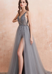 Sheath Beading Sequins Sleeveless V Neck Tulle Prom Dresses MyChicDress