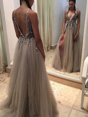 Sheath Beading Sequins Sleeveless V Neck Tulle Prom Dresses MyChicDress