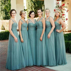 Sheath Floor-Length Tulle Dusty Blue Bridesmaid Dresses Sleeveless MyChicDress