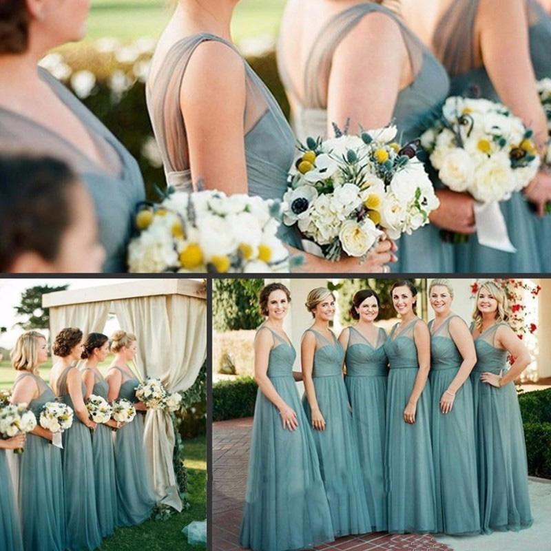 Sheath Floor-Length Tulle Dusty Blue Bridesmaid Dresses Sleeveless MyChicDress