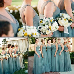 Sheath Floor-Length Tulle Dusty Blue Bridesmaid Dresses Sleeveless MyChicDress