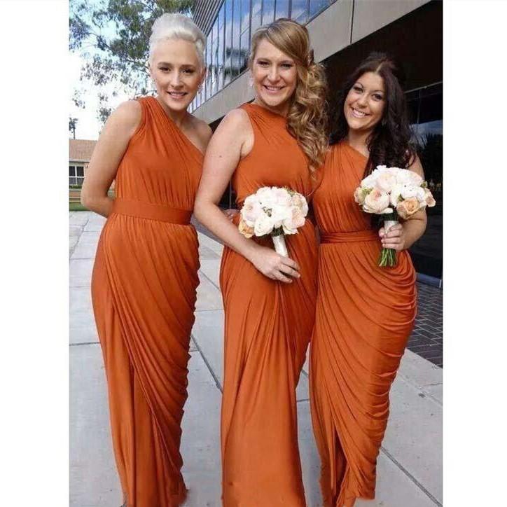 Sheath One Shoulder Orange Bridesmaid Dresses Ruffles MyChicDress