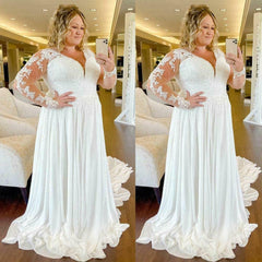 Sheath Plus Size Wedding Dresses Long Sleeves V-Neck Lace Bridal Dress MyChicDress