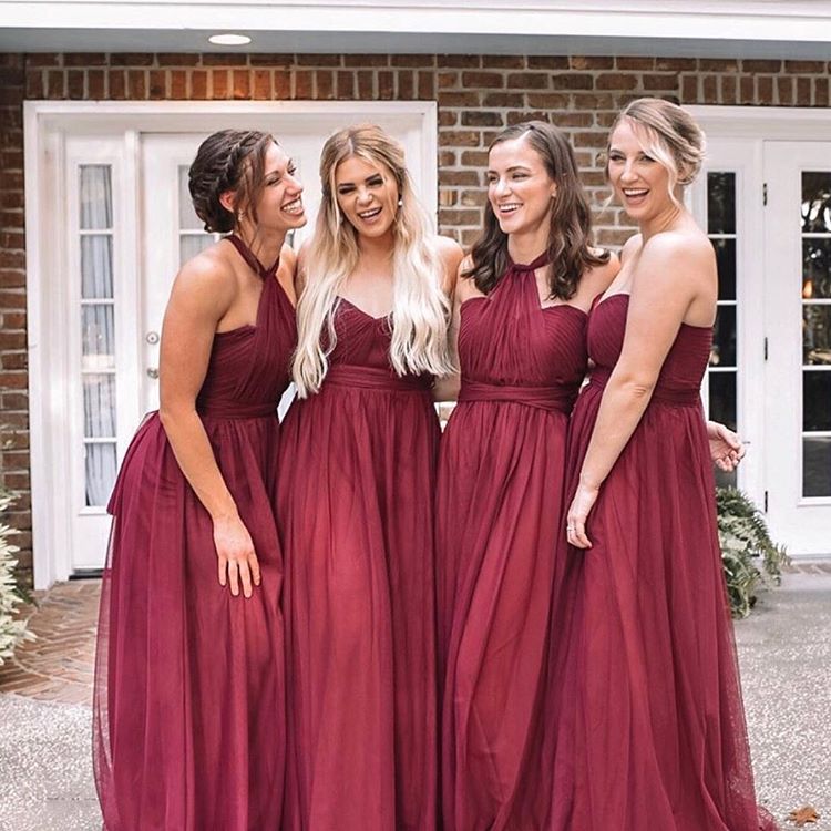 Sheath Tulle Convertible Burgundy Bridesmaid Dresses - MyChicDress