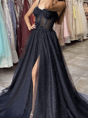 Shiny Black Lace Prom Dresses 2025 Tulle Long Formal Dress Spaghetti Straps MyChicDress