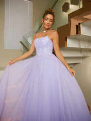 Shiny Lilac Long Prom Dresses Beaded Tulle Purple Formal Dresses Sleeveless MyChicDress