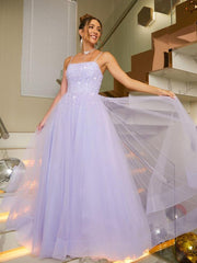 Shiny Lilac Long Prom Dresses Beaded Tulle Purple Formal Dresses Sleeveless MyChicDress