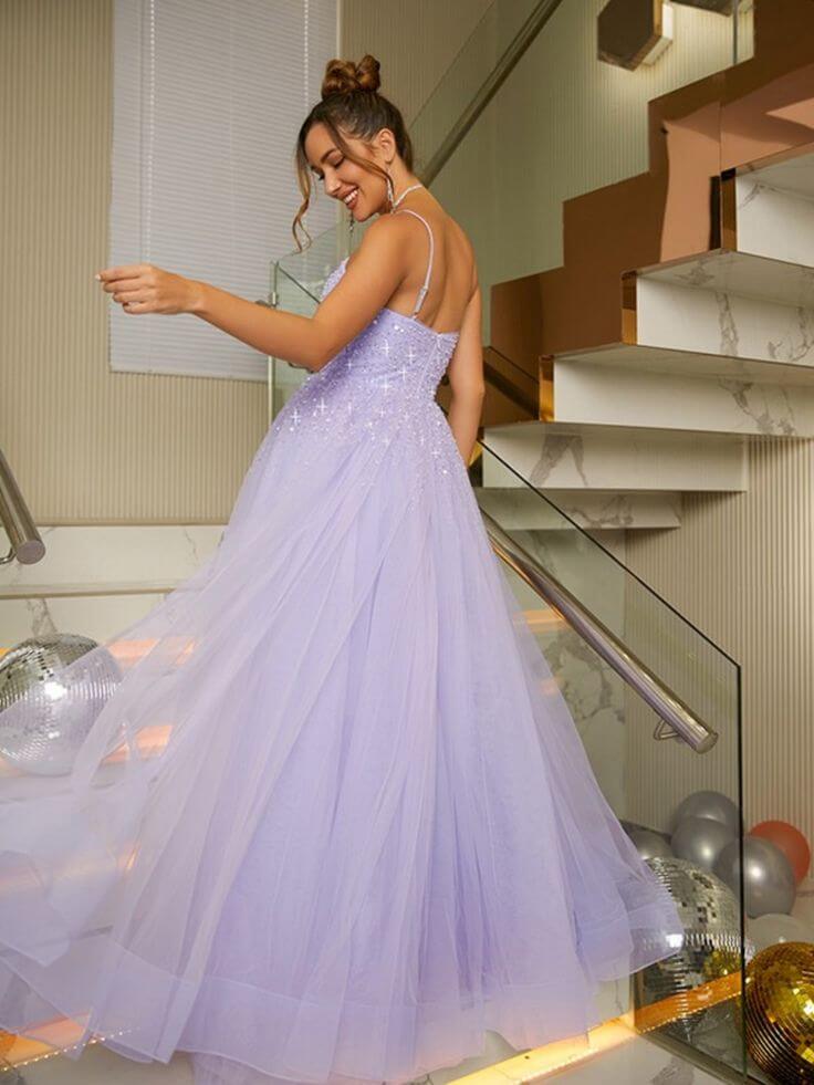 Shiny Lilac Long Prom Dresses Beaded Tulle Purple Formal Dresses Sleeveless MyChicDress