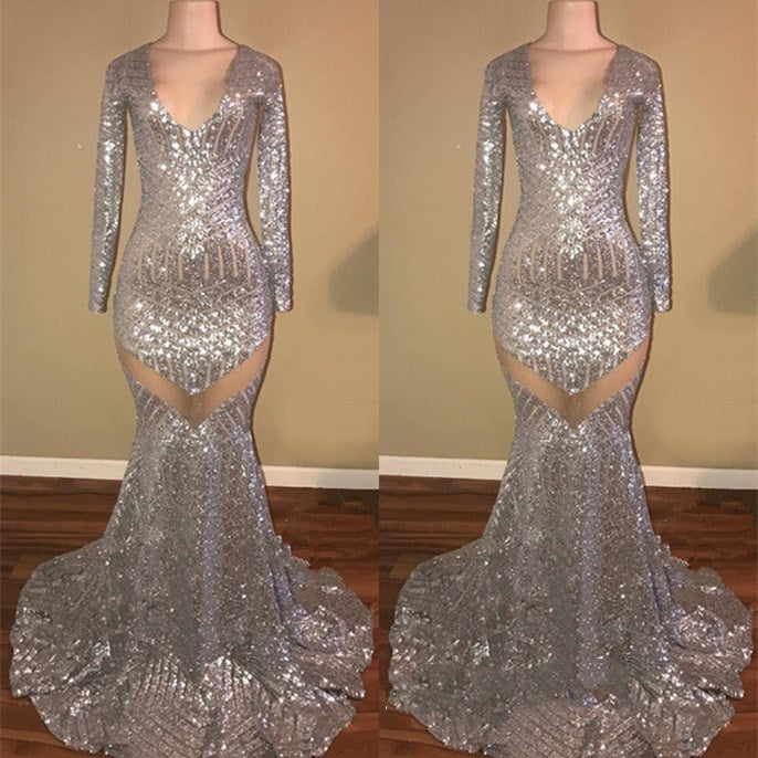 Shiny Long Sleeves Sequin Mermaid Prom Dresses - MyChicDress