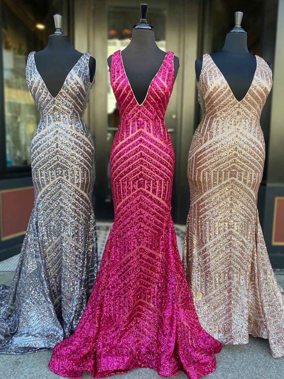 Shiny Mermaid Long V neck Red Sequins Prom Dresses - MyChicDress