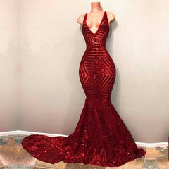 Shiny Mermaid Long V neck Red Sequins Prom Dresses - MyChicDress