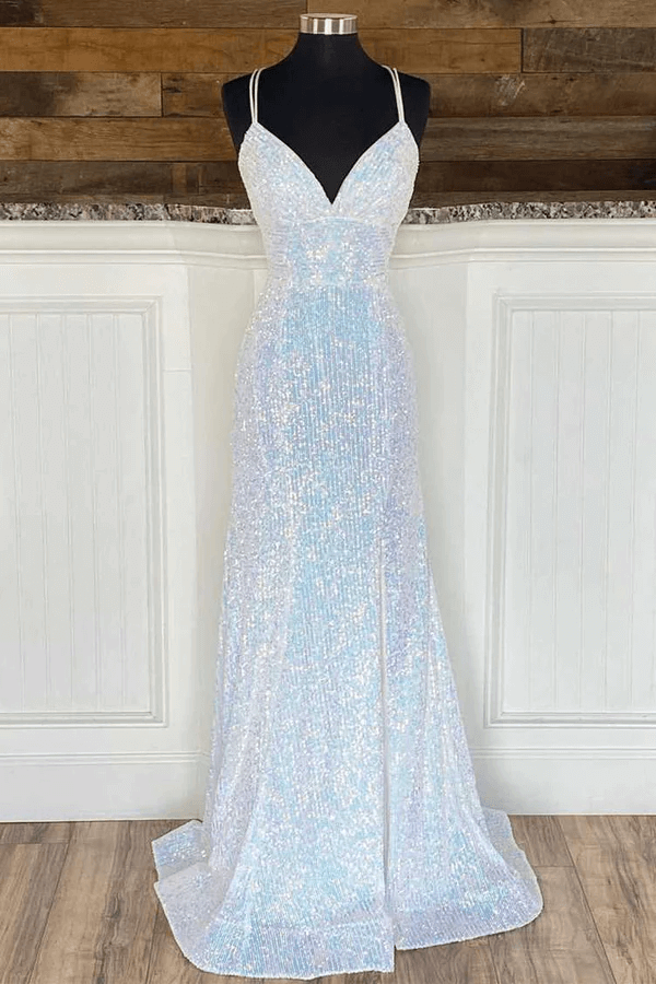 Shiny Mermaid Sequins Long White Prom Dresses V Neck Sleeveless Formal Dresses MyChicDress