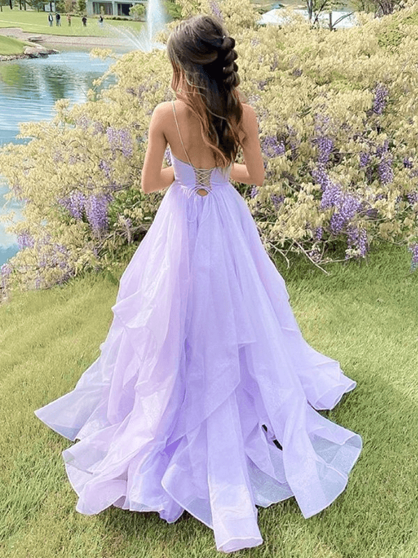 Shiny Princess Purple Prom Dresses 2024 Ruffles V-neck Sleeveless Formal Dresses MyChicDress