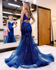 Shiny Royal Blue Tulle Prom Dresses V Neck Mermaid Graduation Dress with Appliques MyChicDress