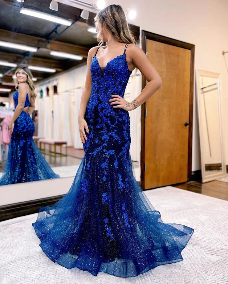 Shiny Royal Blue Tulle Prom Dresses V Neck Mermaid Graduation Dress with Appliques MyChicDress