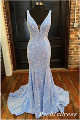 Shiny Sequin Prom Dresses Blue Long V Neck Evening Dresses UK MyChicDress