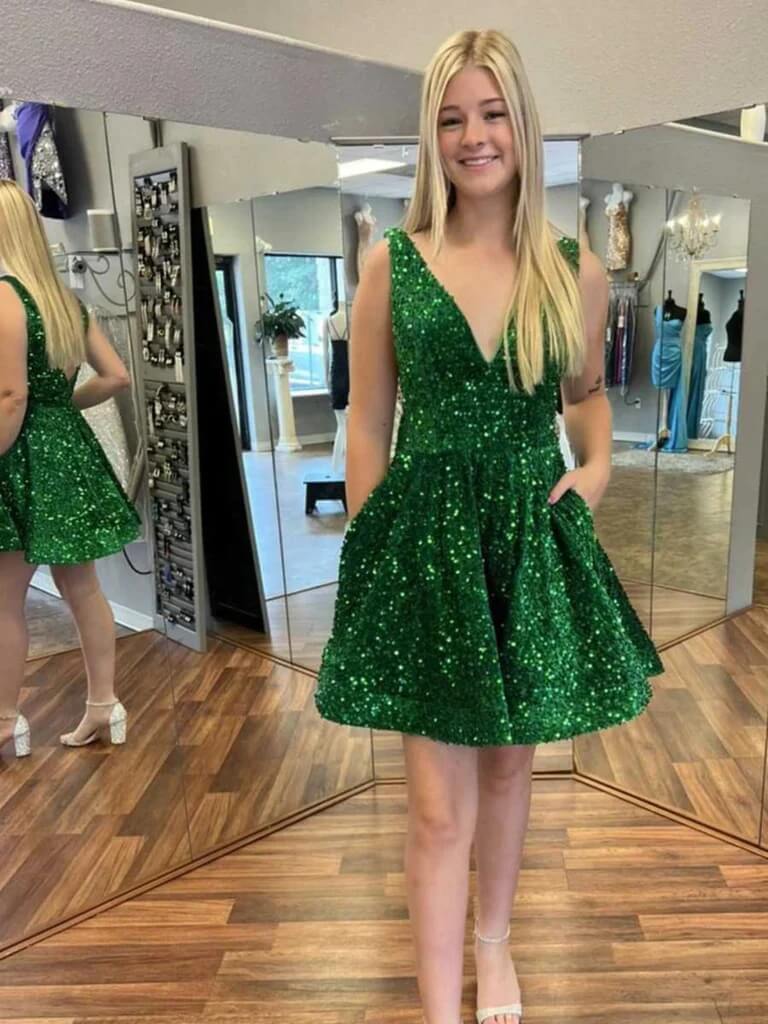 Shiny Sequins V Neck Homecoming Dresses Short Green Wedding Guest Dresses MyChicDress