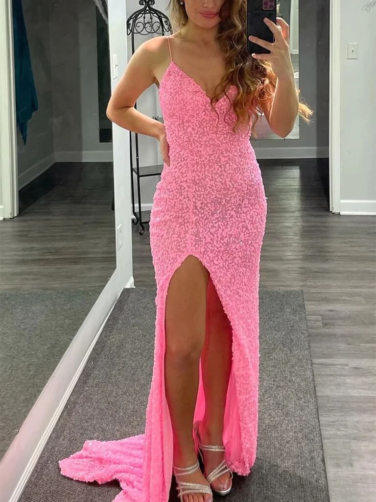 Shiny V Neck Sequins Hot Pink Prom Dresses 2024 Long Mermaid High Slit with Train MyChicDress