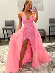 Shiny V Neck Sequins Hot Pink Prom Dresses 2024 Long Mermaid High Slit with Train MyChicDress