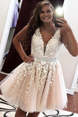 Short A Line Lace Homecoming Dresses V Neck Prom Dresses MyChicDress