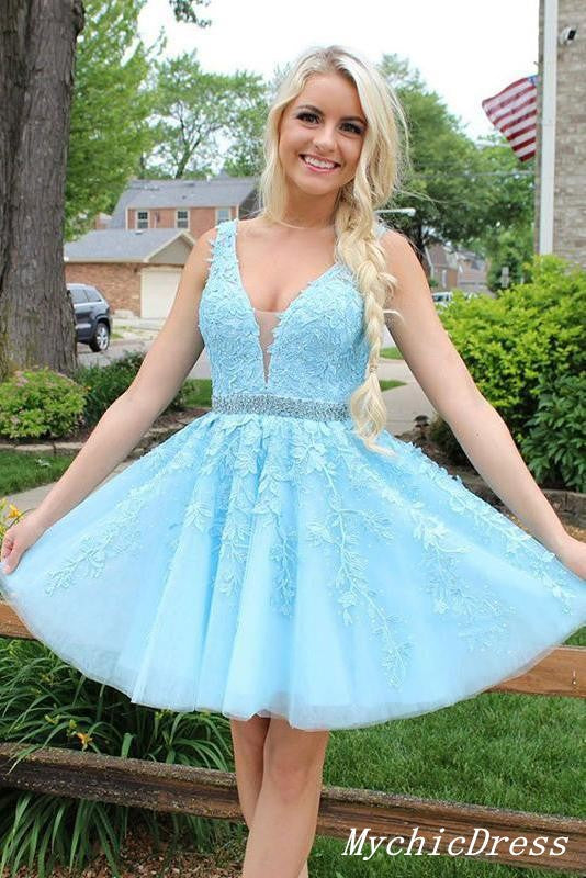 Short Blue Homecoming Dresses Lace Beaded V Neck A Line Cocktail Dress MyChicDress