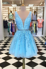 Short Blue Homecoming Dresses Lace Beaded V Neck A Line Cocktail Dress MyChicDress