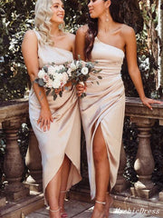 Short Champagne Satin Bridesmaid Dresses One Shoulder Wedding Guest Dresses MyChicDress