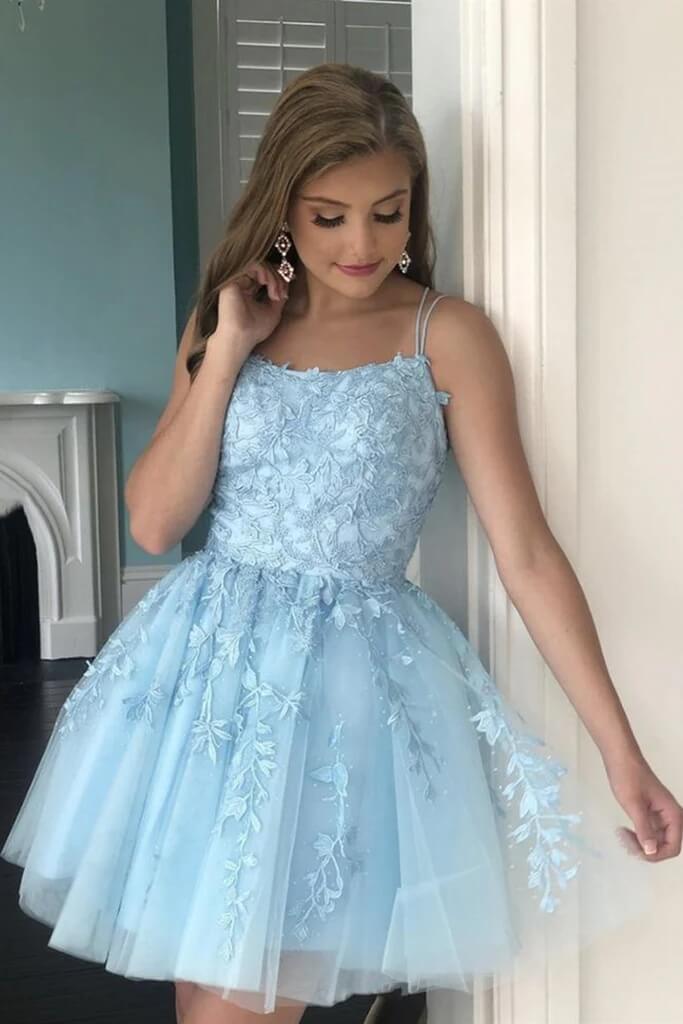 Short Dama Dress Light Blue Lace Homecoming Dresses Mini Prom Dress A Line MyChicDress