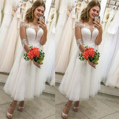 Short Lace Appliques Beach Tea Length Wedding Dresses with Half Sleeves MyChicDress