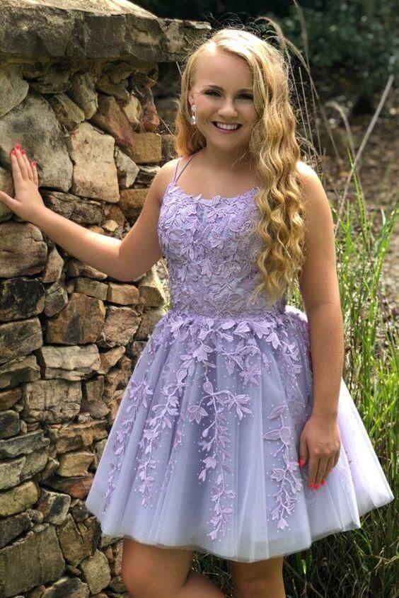 Short Lilac Prom Dresses Lace Homecoming Dresses Purple Applique MyChicDress