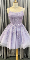 Short Lilac Prom Dresses Lace Homecoming Dresses Purple Applique MyChicDress