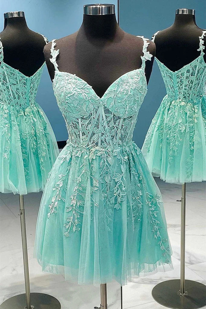 Short Mint Green Homecoming Dress Lace V Neck Applique Mini Prom Dresses MyChicDress