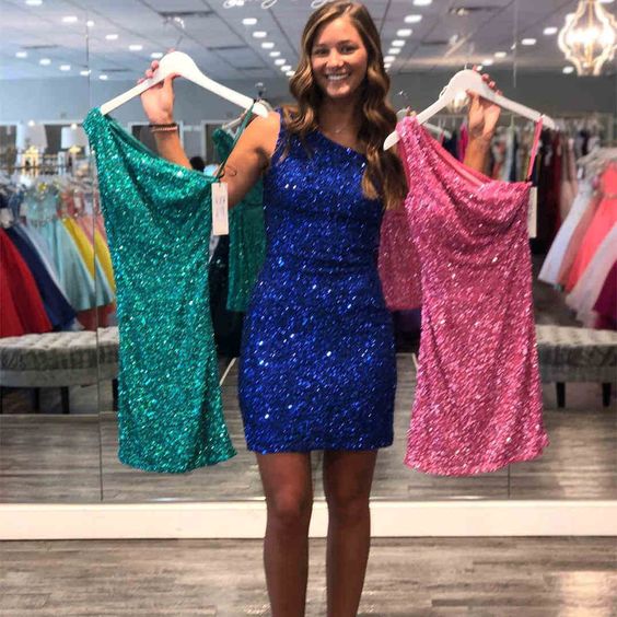 Short One Shoulder Sequin Homecoming Dresses MyChicDress