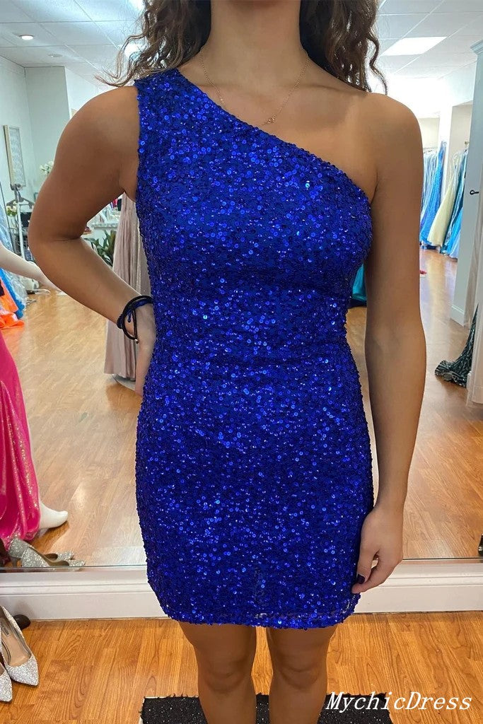 MyChicDress Short Pink Sequin Homecoming Dresses One Shoulder Tight Cocktail Dress US16W Royal Blue