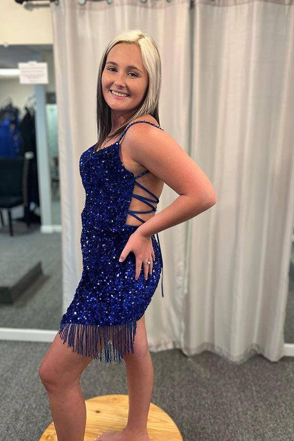 Short Plus Size Sequins Prom Dresses Royal Blue Mermaid Bodycon Spaghetti Straps MyChicDress