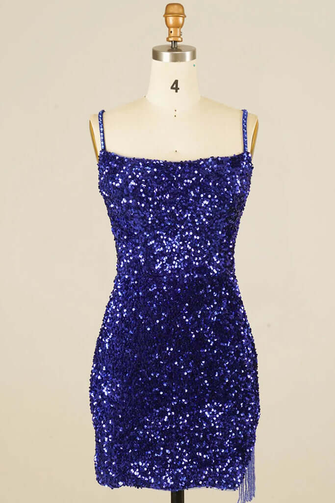 Short Plus Size Sequins Prom Dresses Royal Blue Mermaid Bodycon Spaghetti Straps MyChicDress