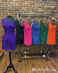 Short Purple Sequin Prom Dresses One Shoulder Hoco Dresses MyChicDress