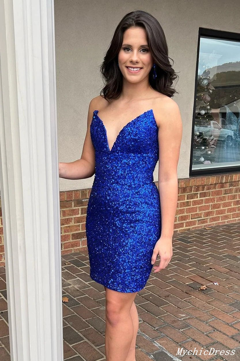 Short Royal Blue Homecoming Dresses Sequin Mermaid Hoco Dresses UK MyChicDress