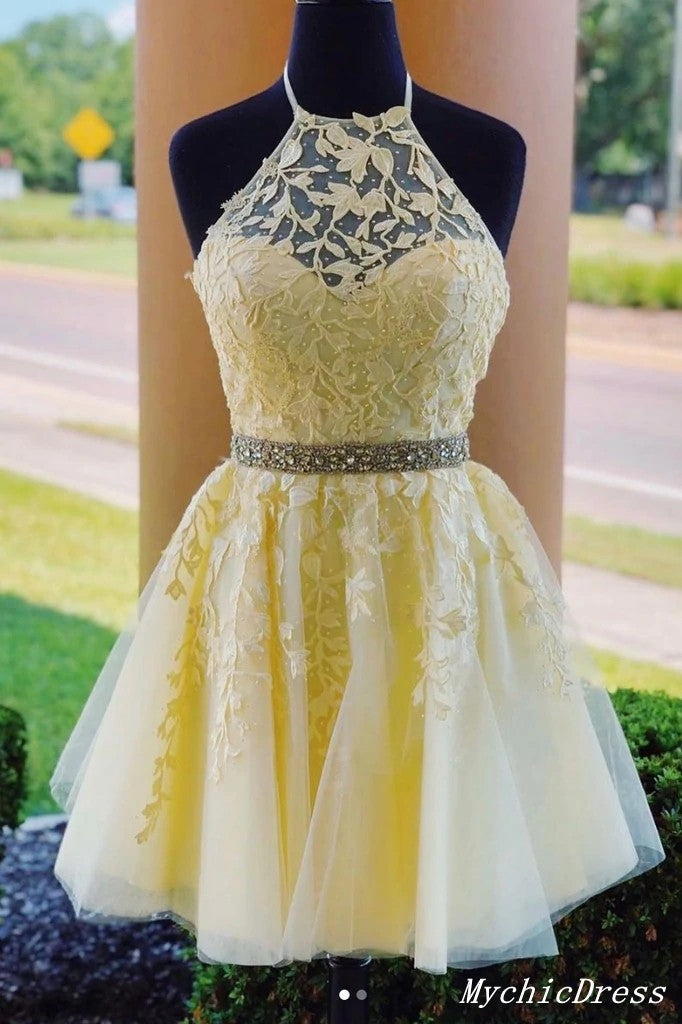 MyChicDress Short Ivory Halter Homecoming Dresses Lace A Line Mini Prom Dresses US8 Yellow