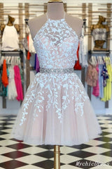 Short ivory Halter Homecoming Dresses Lace A Line Mini Prom Dresses MyChicDress