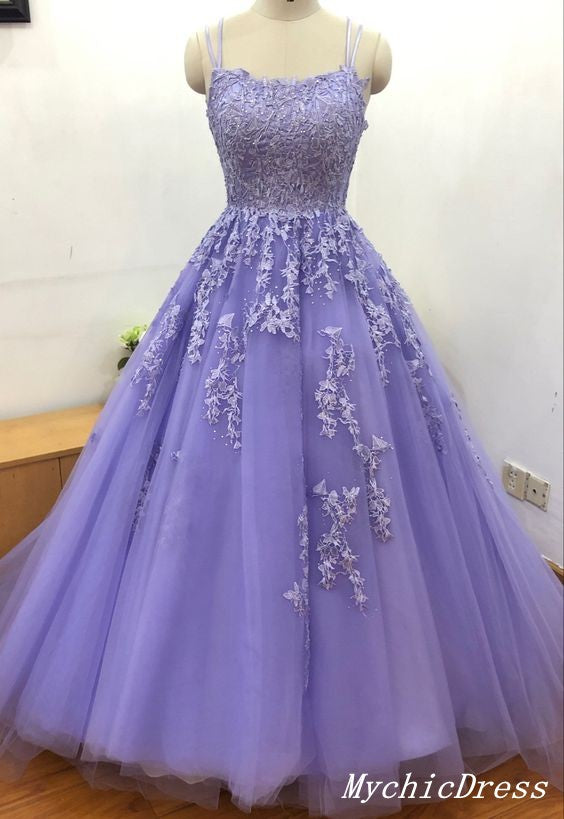 Simple A Line Lace Prom Dresses Spaghetti Straps Purple Evening Dresses MyChicDress