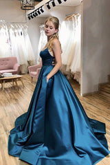 Simple A Line Satin Prom Dresses Emerald Green Long Evening Dress MyChicDress