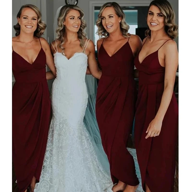 Simple Chiffon V Neck Spaghetti Strap Burgundy Bridesmaid Dresses MyChicDress