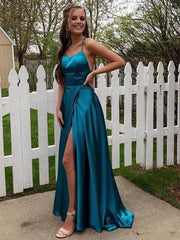 Simple Emerald Prom Dresses Green Satin Formal Dress Long with split MyChicDress