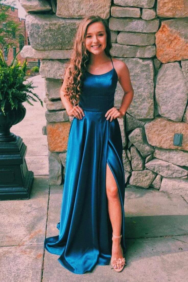 Simple Emerald Prom Dresses Green Satin Formal Dress Long with split MyChicDress