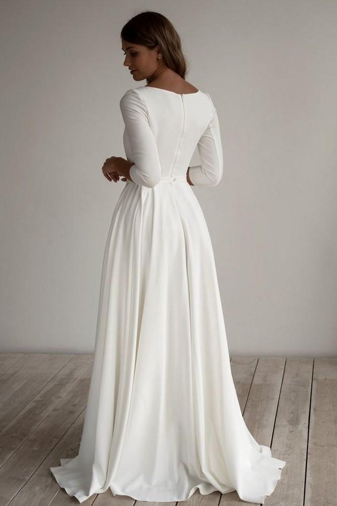 Simple Floor Length 3/4 Sleeves Satin Wedding Dresses with Pockets MyChicDress