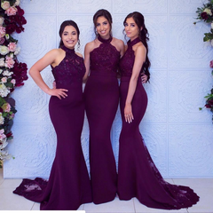 Simple Floor Length Lace Halter Burgundy Bridesmaid Dresses MyChicDress