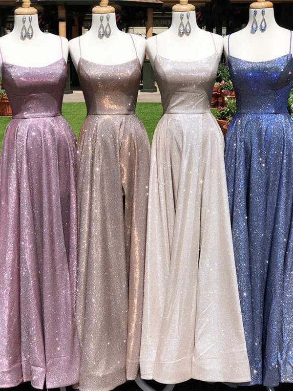 Simple Glitter Prom Dresses Spaghetti Strap Split Homecoming Dresses MyChicDress