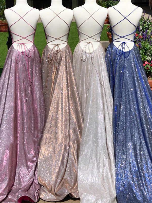 Simple Glitter Prom Dresses Spaghetti Strap Split Homecoming Dresses MyChicDress