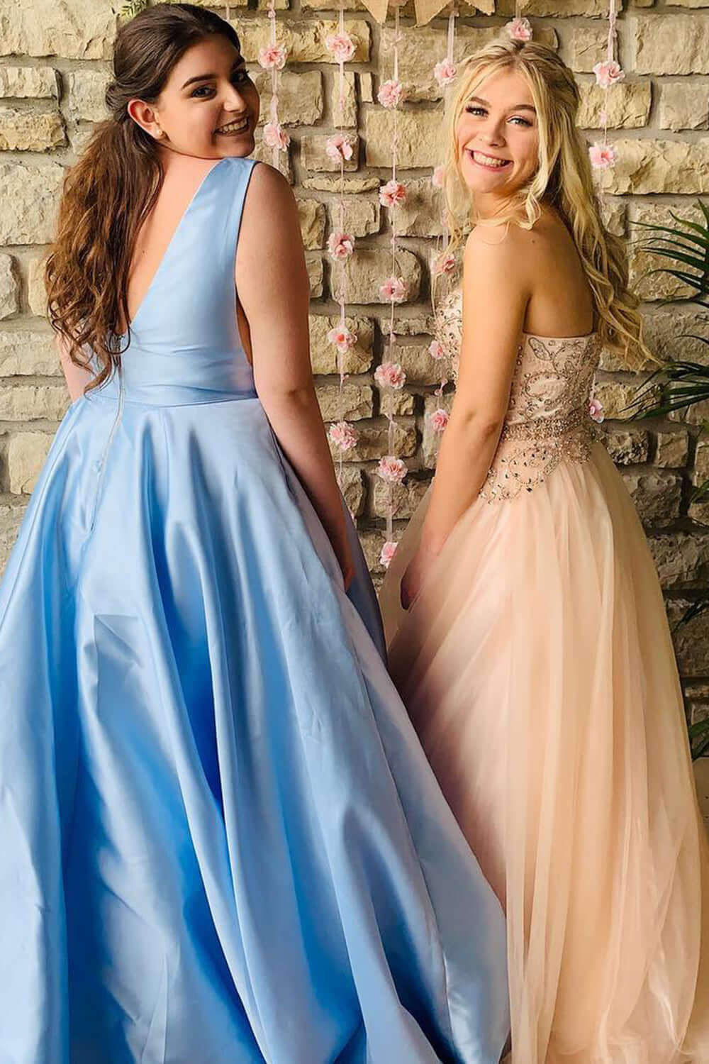 Simple Light Blue Plus Size Prom Dresses 2024 Satin Long Deep V Neck Formal Dress MyChicDress